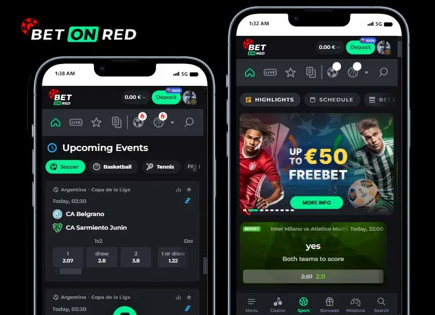 Interface mobile de l'application de paris sportifs BetOnRed affichant des événements à venir et une offre de freebet.