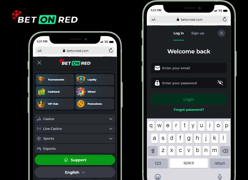 Interface de connexion mobile de BetOnRed affichant les champs pour l'e-mail et le mot de passe ainsi que le menu de navigation.