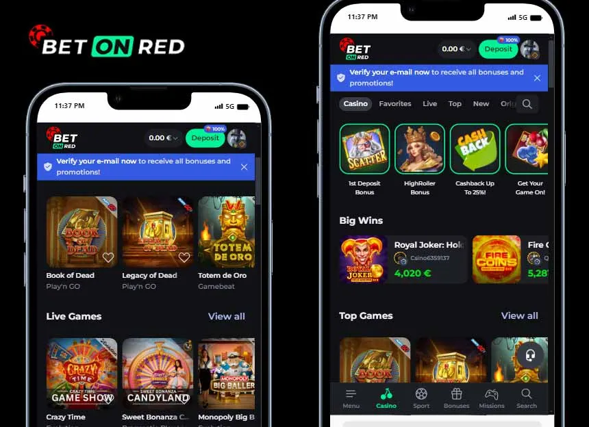 Lobby du casino mobile BetOnRed présentant une sélection de machines à sous populaires comme Book of Dead et des jeux en direct.