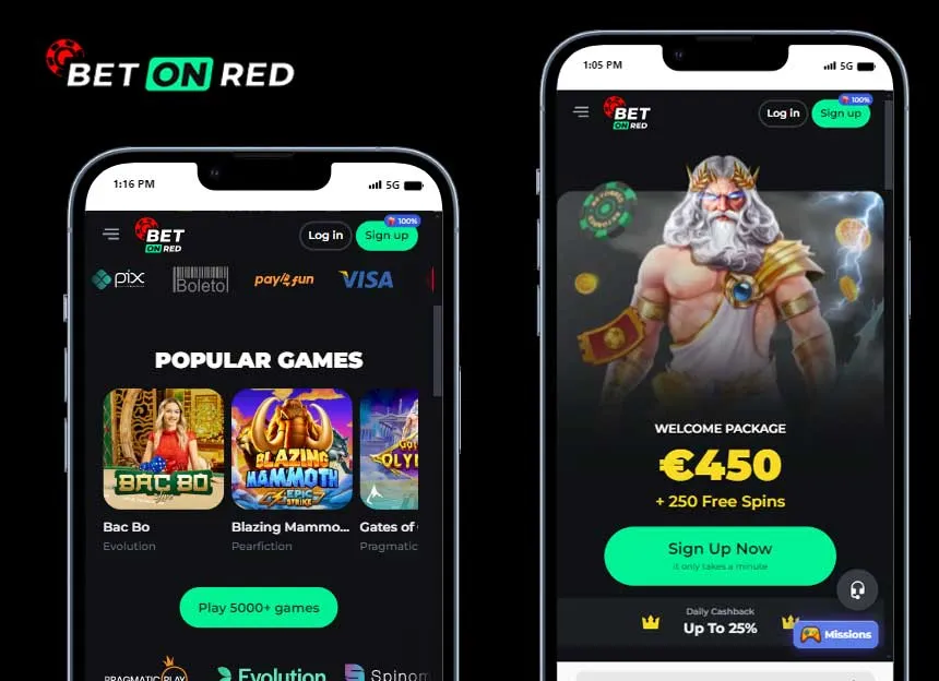 Interface de l'application mobile BetOnRed affichant les paris sportifs en direct, les cotes de football et une bannière promotionnelle pour un Freebet de 450 €.