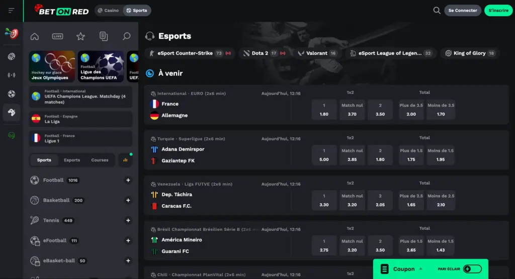 Interface de paris Esports incluant Counter-Strike, Dota 2 et League of Legends.