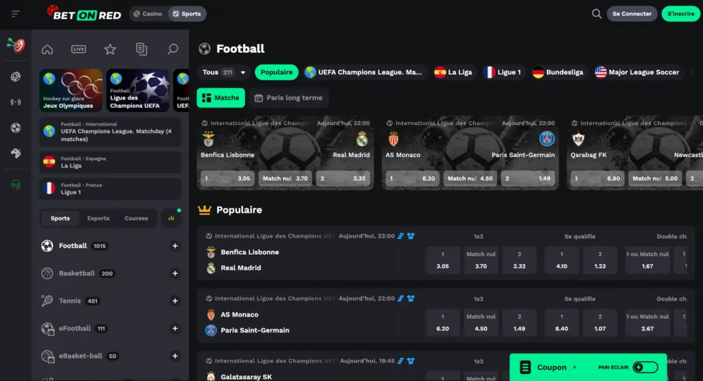 Interface des paris sportifs sur le football avec les cotes de la Ligue des Champions.