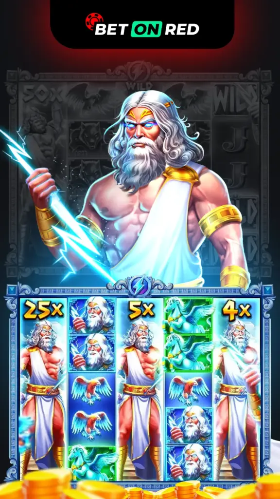 Jeu mobile mettant en scène Zeus avec des multiplicateurs de gains 25x et 5x.