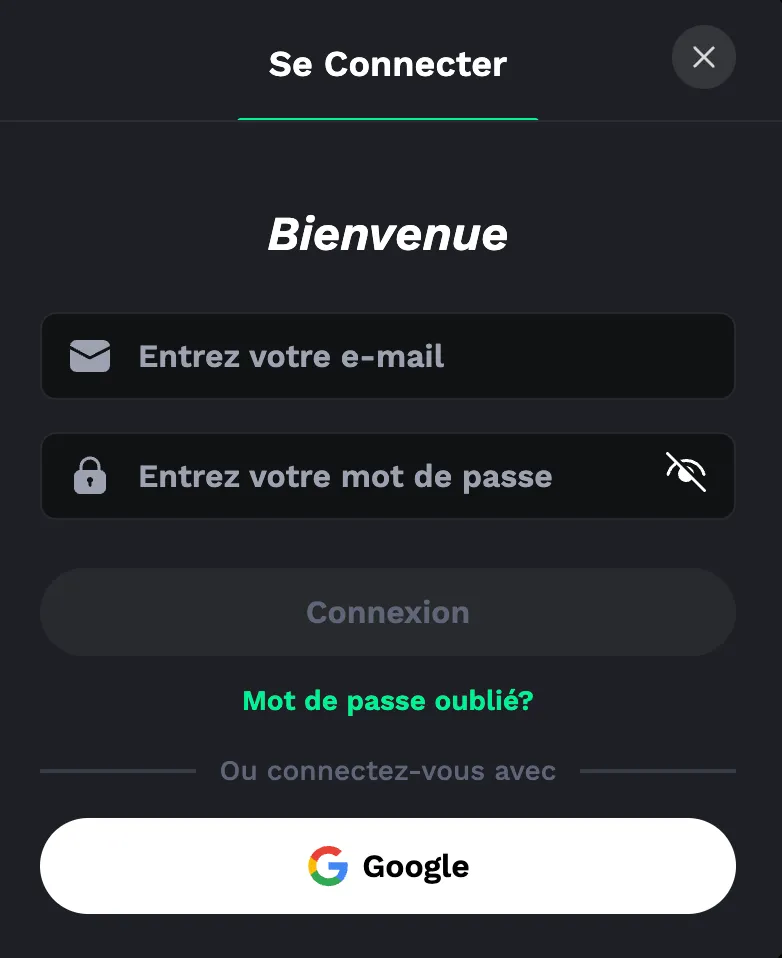 Formulaire de connexion "Se Connecter" avec options e-mail ou Google.