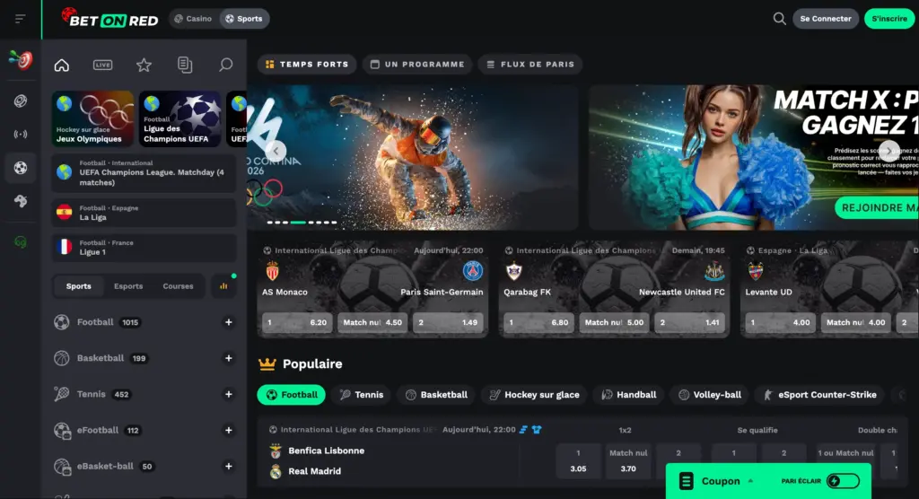 Page d'accueil des sports avec les temps forts et les matchs populaires.